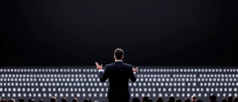 Speaker with arms raised addressing rows of empty chairs photo