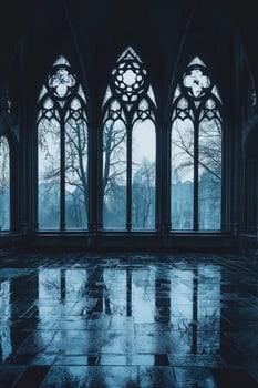 Ornate arched windows reveal a misty outside world reflected on a glossy tiled floor photo