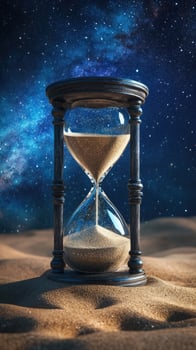 Hourglass rests upon desert sands while starlight softly illuminates the timeless scene photo