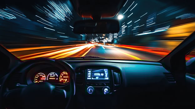 At high speed in the night, the car races through colorful lights photo