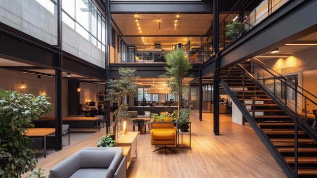 Biophilic design features plants and modern architecture in a bright, multilevel, contemporary office photo
