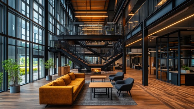Interior showcases a large, open office space featuring modern furniture and architectural metal staircases photo