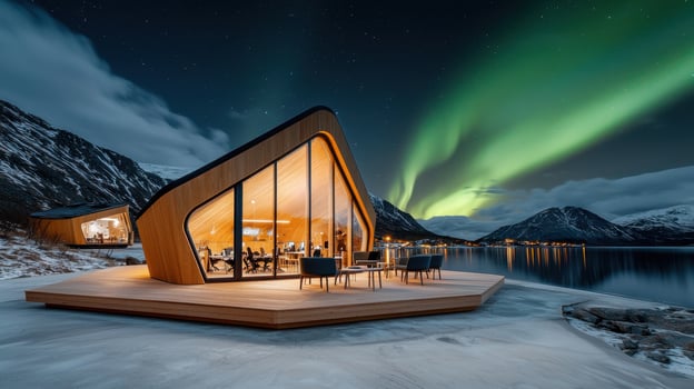 Modern wooden cabin with glass walls by frozen lake under northern lights at night photo