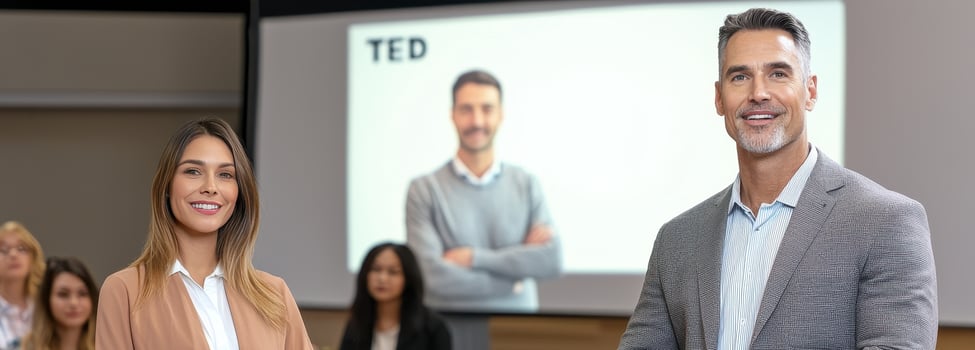Entrepreneur giving TED Talk with inspired audience in modern conference room photo