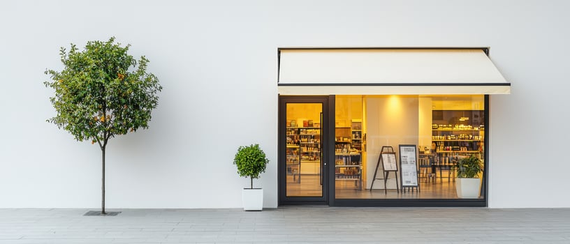 Glowing sign of thriving shop with clean white exterior and two potted trees photo