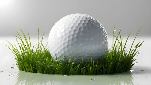 Golf Ball Resting on Small Lush Green Grass Area With Water Droplets Glistening in Soft Light photo