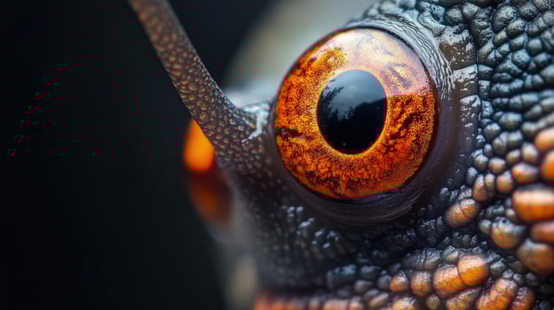 Extreme closeup shows textured black lizard's bright orange eye and sensory antenna photo