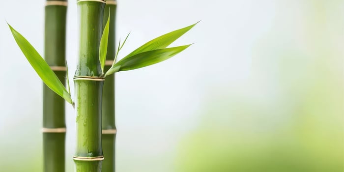 Green bamboo stems with fresh leaves on blurred nature background photo