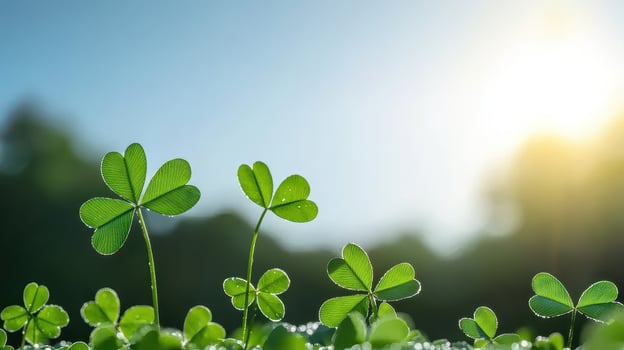 Dew covered clover leaves growing in morning sunlight nature photo