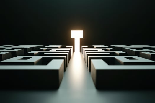 Maze with radiant exit symbolizing life problem solving and hope in darkness photo