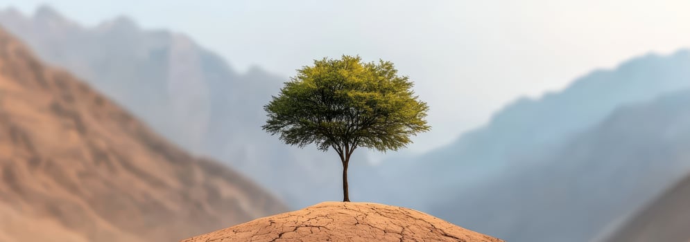 Goal of life and perseverance achievement concept, lone tree standing tall desert symbolizes strength and resilience photo