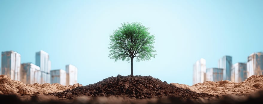 Goal of life and perseverance achievement concept, lone tree standing tall in city symbolizes resilience and hope photo