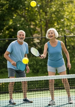 An older couple playing tennis photo