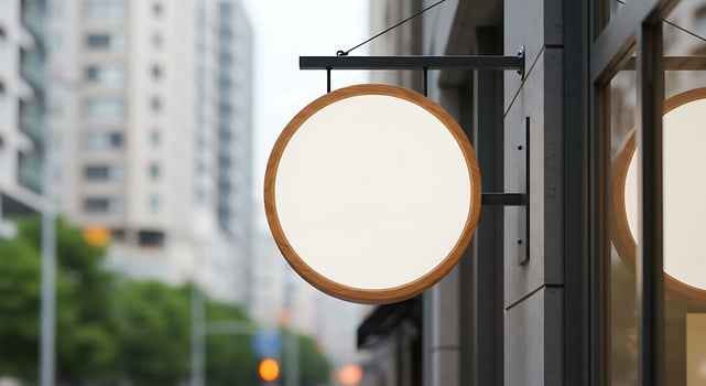 A white circular sign hangs on the side of a building photo
