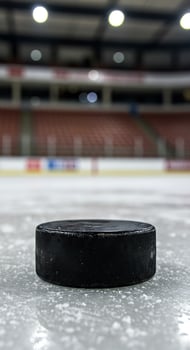 An empty hockey puck sits on the ice in an empty arena photo