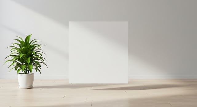 A blank white poster in front of a plant photo