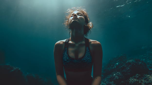 Young woman in swimsuit meditating underwater in deep blue ocean. photo