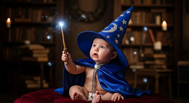 A baby in a wizard hat and cape holding a wand photo