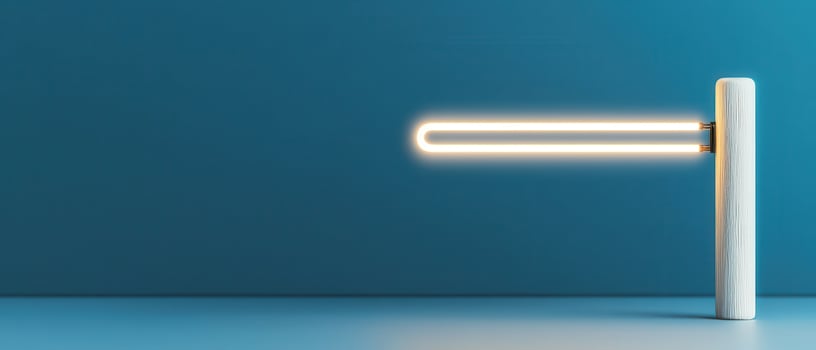 Minimalist glowing neon light tube mounted on wooden stand with blue background photo