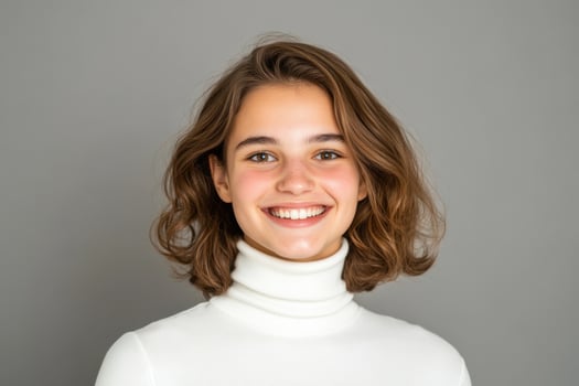 Smiling woman portrait on gray backdrop young adult female expressing happiness in studio photo