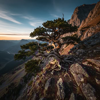 A lone tree on a rocky mountain top photo