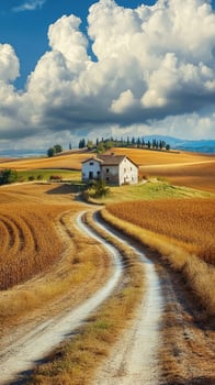 Winding dirt road leading to an old farmhouse in golden field under cloudy sky photo
