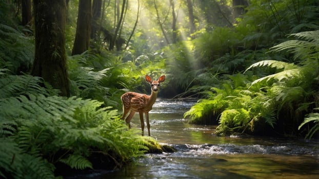 A young deer standing by a serene stream in a lush forest, illuminated by soft sunlight filtering through trees photo