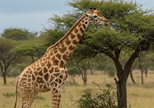 A giraffe standing in a field eating from a tree photo