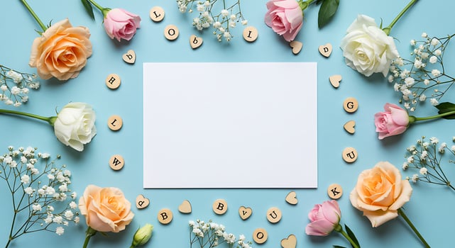 Flowers and letters around a blank paper on a blue background photo