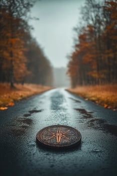 Wooden compass emblem lies on a wet, dark road through autumn treescape leading into fog photo