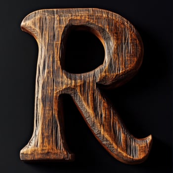 Rustic wooden letter R showcases detailed grain against the dark contrasting background beautifully photo