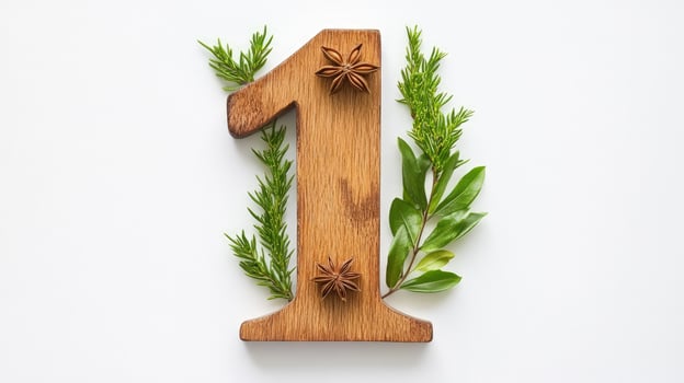 Wooden number one is beautifully decorated with fresh star anise and herbs on a white surface photo