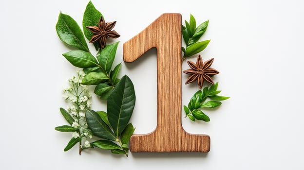 Wooden number one lies amidst the fresh green foliage and aromatic star anise spices photo