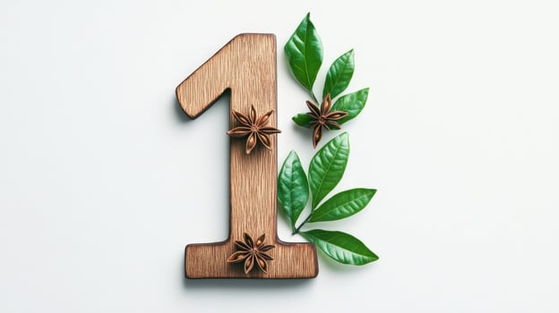 Wood number one with star anise and green leaves on clean white surface photo