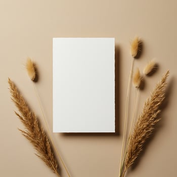 Blank paper with reeds on beige background photo