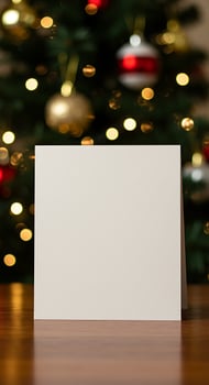 A blank card on a table in front of a christmas tree photo