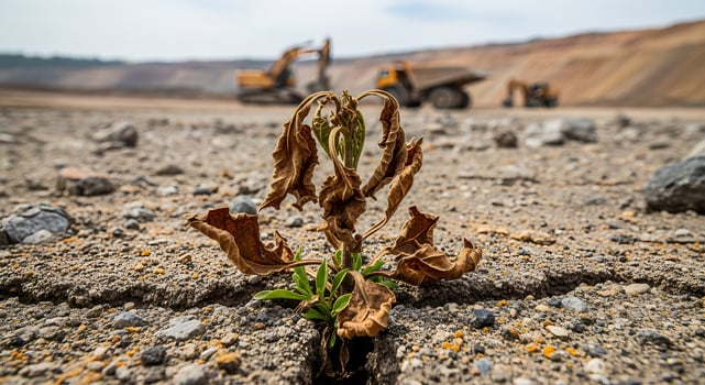 A plant growing out of the ground in front of a construction site photo