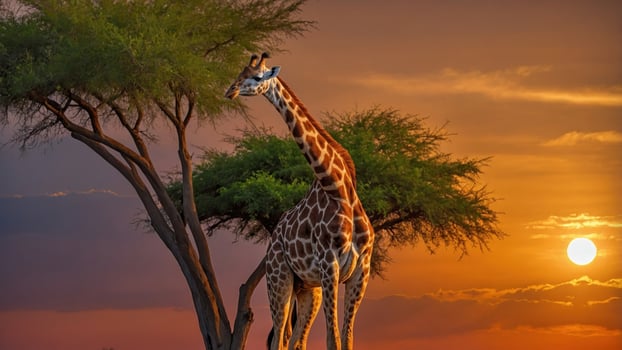 Majestic giraffe standing gracefully under a tree at sunset, with a vibrant sky in the background photo
