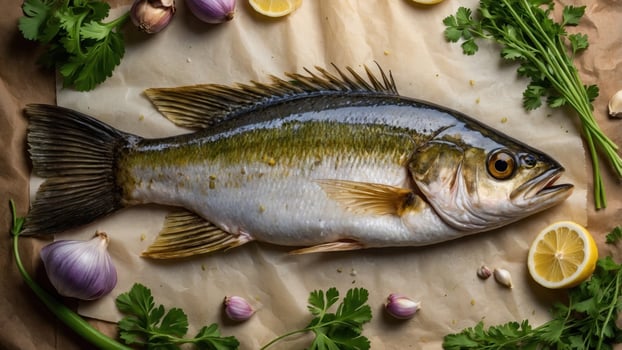 Freshly caught fish displayed on parchment paper with herbs, garlic, and lemon, ready for cooking photo