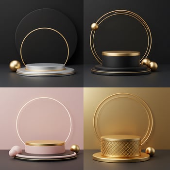 Four different gold and black round plates with circles photo