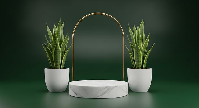 A white marble podium with a golden arch and two potted snake plants on a dark green background photo