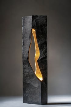 Abstract sculpture shows black textured vertical slab with golden hollow detail glows elegantly photo