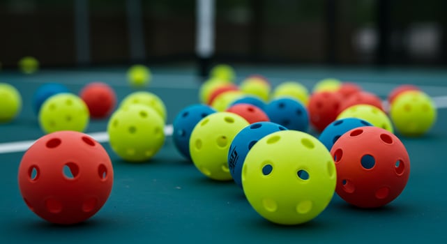 A group of colorful tennis balls on a tennis court photo