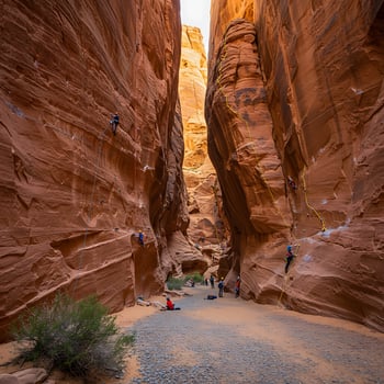 A group of people climbing a rock wall in a canyon photo