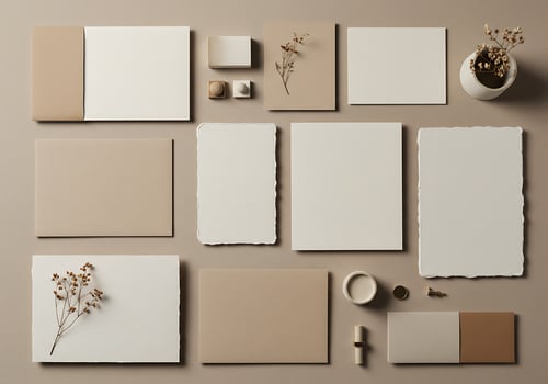 Various blank paper and pencils on a beige background photo