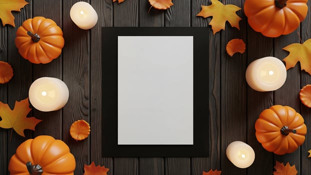 A blank white card surrounded by pumpkins and candles photo