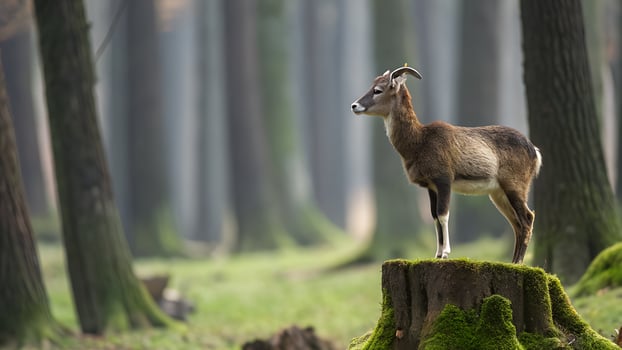 A mouflon standing on a mossy tree stump in a forest looking to the left photo