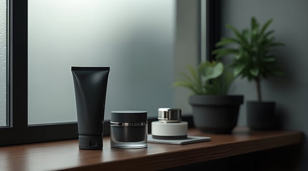 This elegant product shot for mens grooming features a matte black tube and frosted jar on a dark wood shelf. A hint of green from a potted plant is in the background. photo