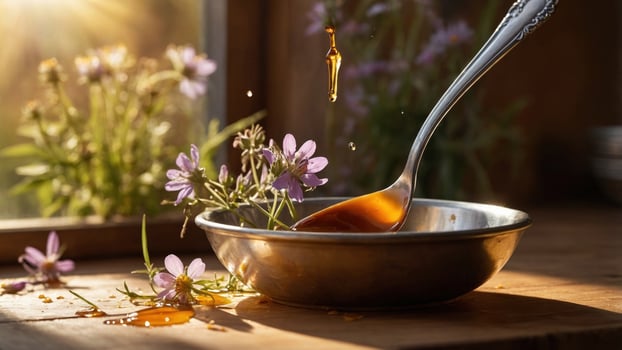 Close-up of honey dripping from a spoon into a bowl surrounded by wildflowers in warm sunlight photo