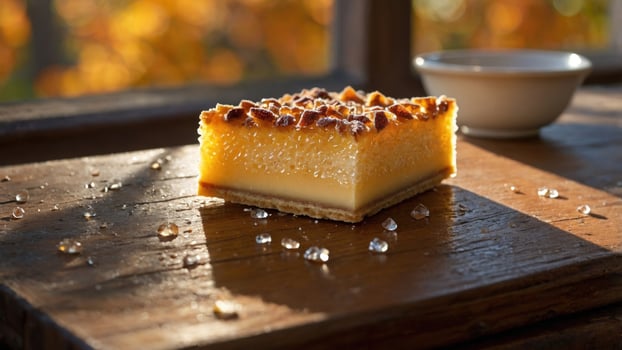 Delicious slice of creamy dessert on wooden table with autumn leaves in soft focus background photo